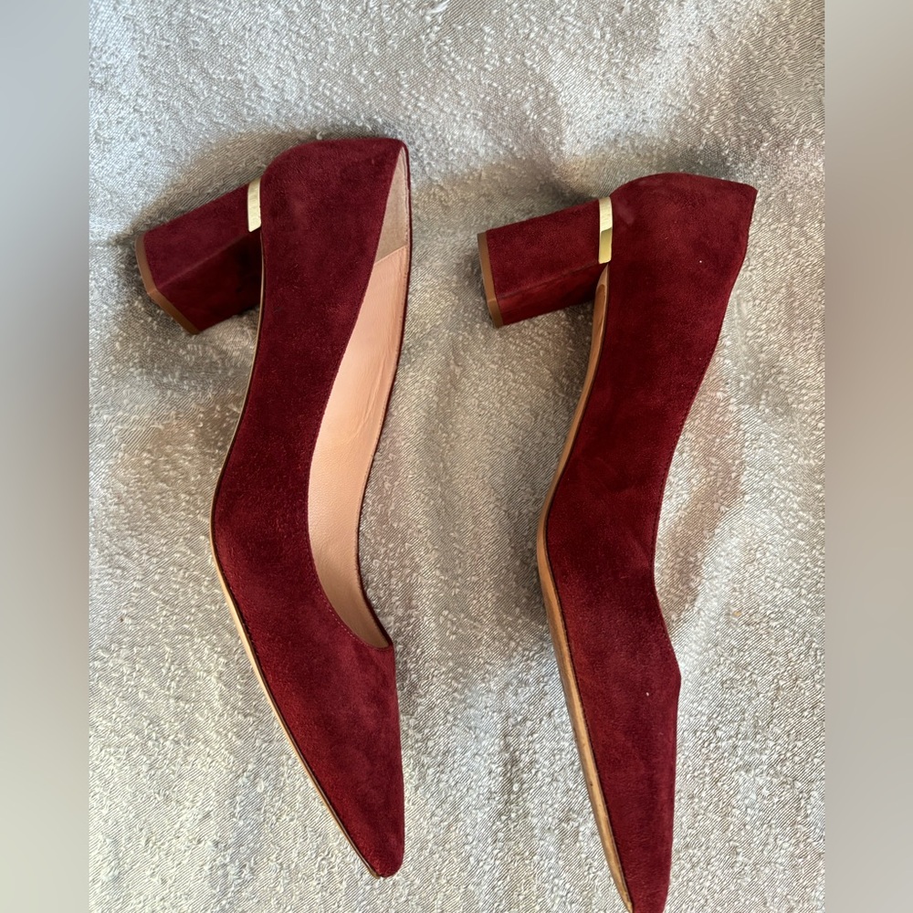 Pointed Toe Block Heel Pumps in Burgundy Suede - Picture 9 of 13